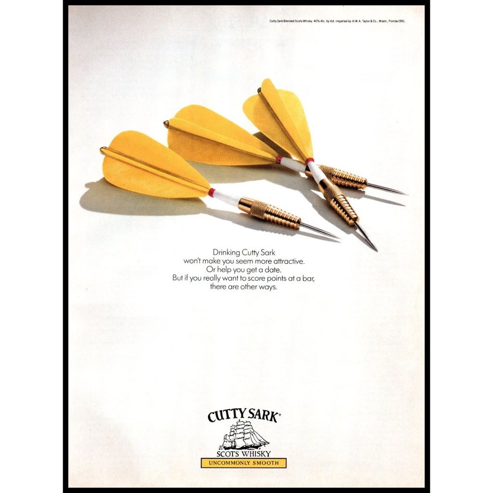 1991 Cutty Sark Scotch Whisky Whiskey Vintage Print Ad Yellow Darts Wall Art